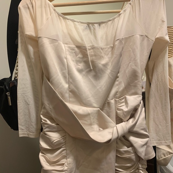 NWT PLT Cream Satin Bardot Twist Front Cut Out Bodycon Dress - Picture 7 of 8